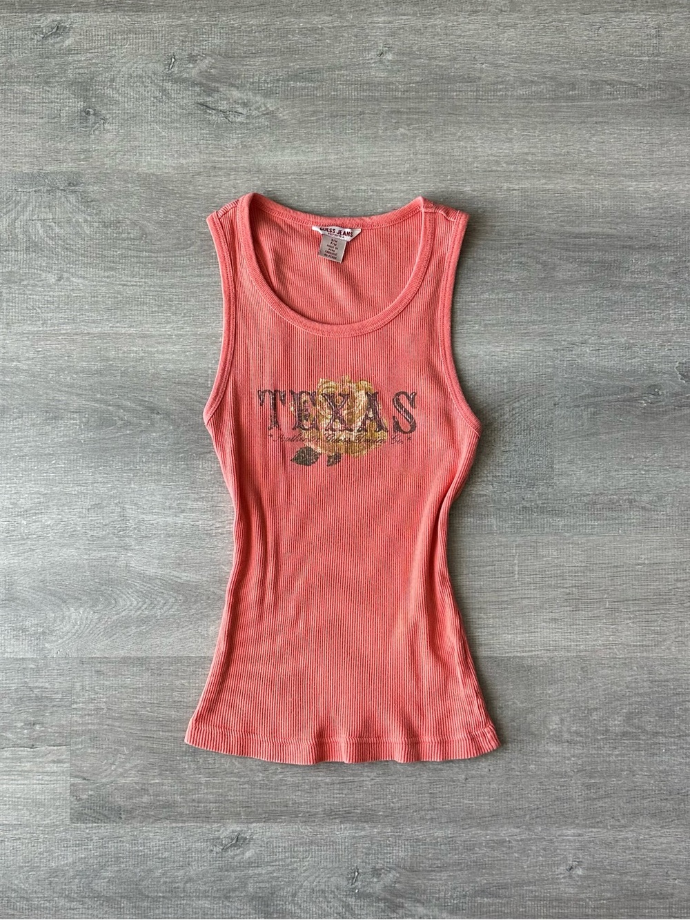 Vintage Guess Texas Graphic Ribbed Tank Top - Coral Orange